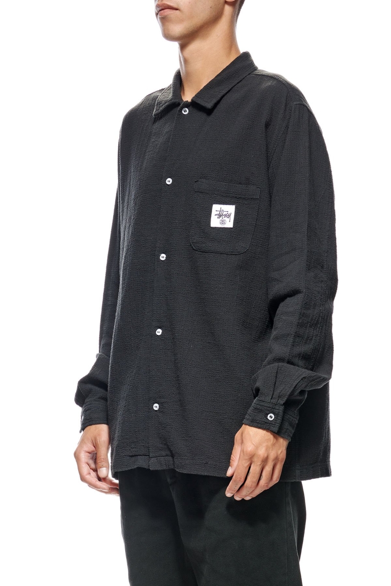 Black Men's Stussy Grid Seersucker LS Shirts | AU0000309