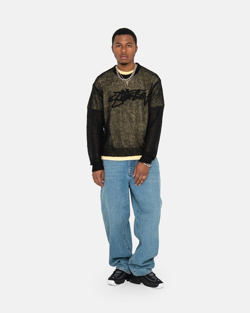 Black Men's Stussy Loose Knit Logo Knit Sweater | AU0000535