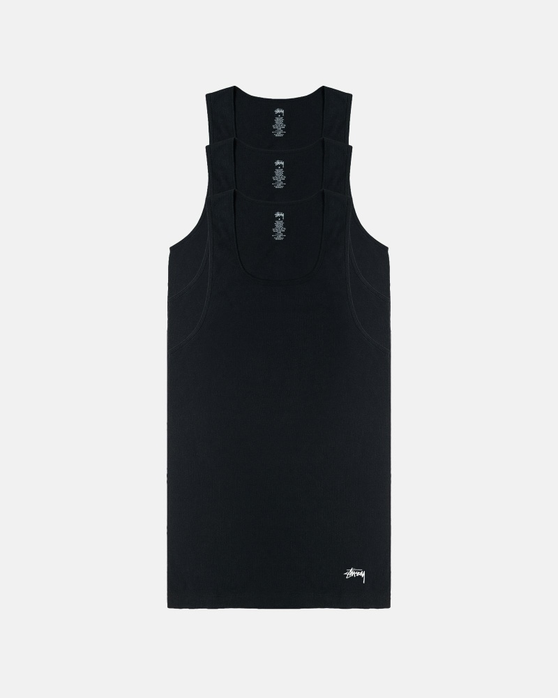 Black Men\'s Stussy Ribbed Tank - 3 Pack Tanks | AU0000969