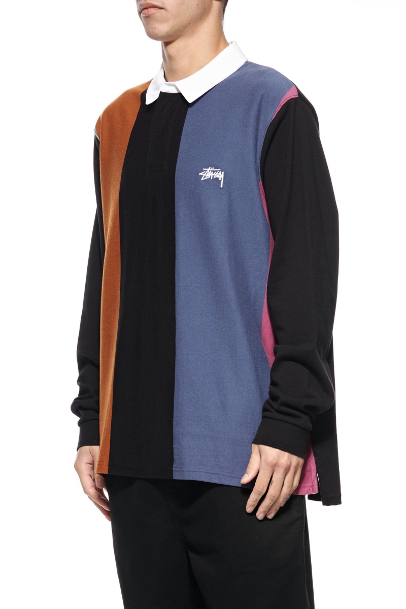 Black Men's Stussy Vert Stripe LS Rugby Sweatshirts | AU0000960