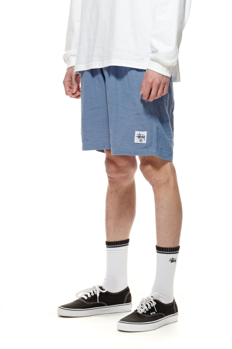 Blue Men's Stussy Grid Seersucker Beach Shorts | AU0000645