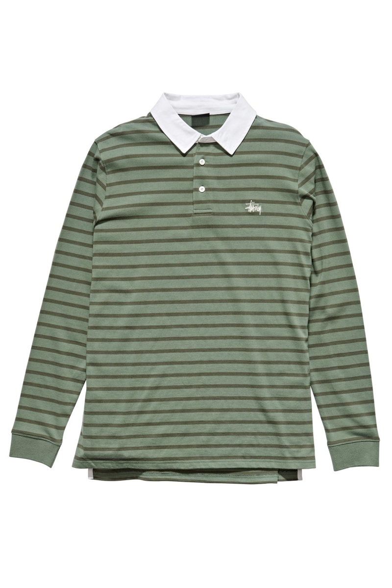 Green Men\'s Stussy Plain Stripe LS Rugby Sweatshirts | AU0000950