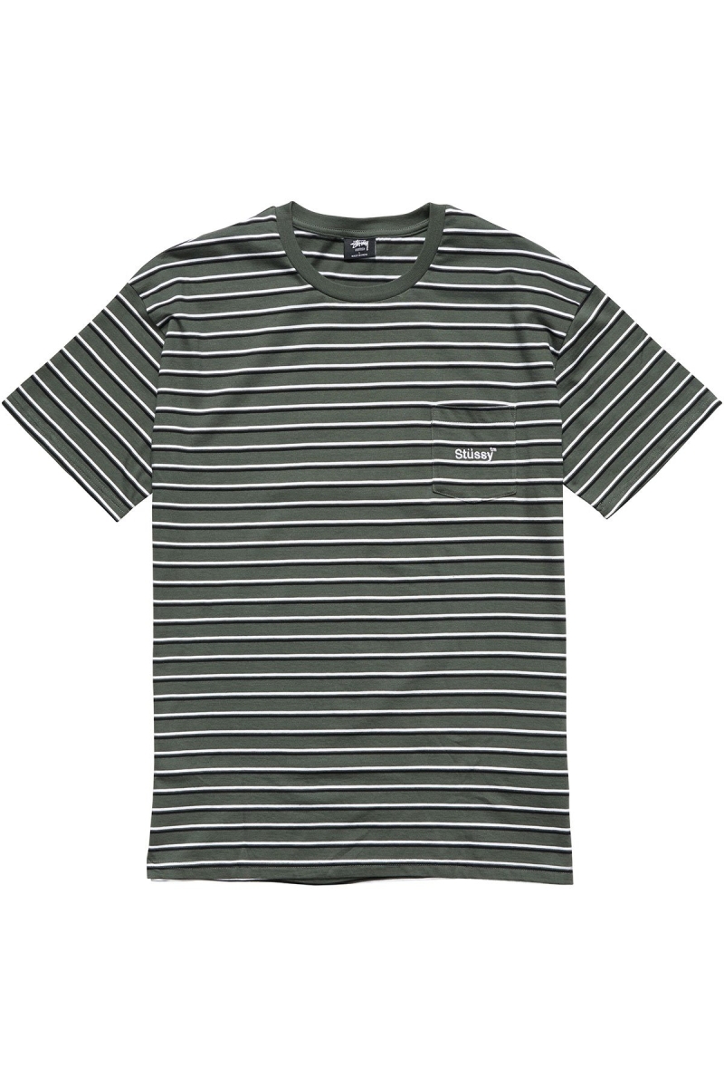 Green Men\'s Stussy Text Pocket Stripe T Shirts | AU0000276