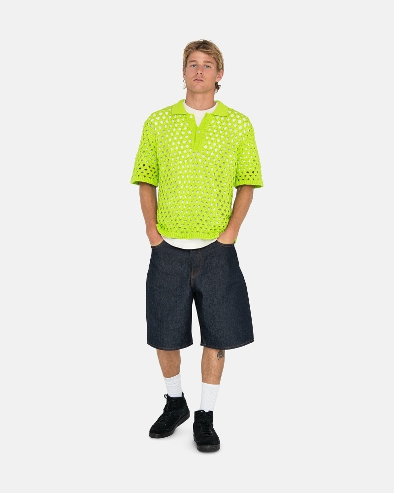 Light Green Men's Stussy Big Mesh Polo Knit Sweater | AU0000526