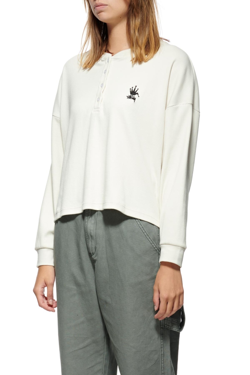 White Women's Stussy Crown Pigment Henley Sweatshirts | AU0000909