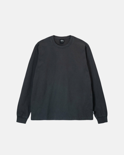 Black Men's Stussy Heavyweight Pigment Dyed Ls Crew T Shirts | AU0000211