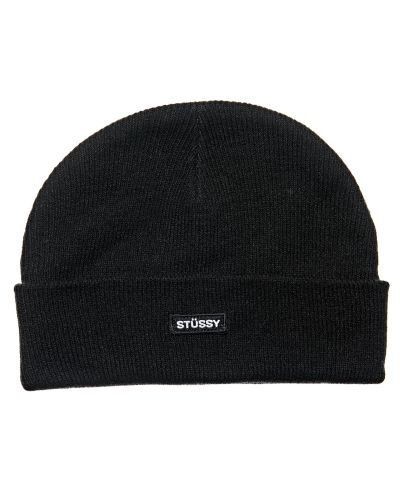 Black Men's Stussy Logo Badge Cuff Beanie Hats | AU0000471