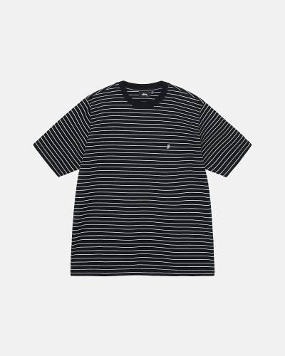 Black Men's Stussy Pin Striped Ss Crew T Shirts | AU0000255