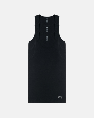 Black Men's Stussy Ribbed Tank - 3 Pack Tanks | AU0000969