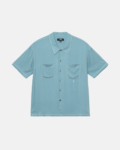 Blue Men's Stussy Contrast Pick Stitched Shirts | AU0000300