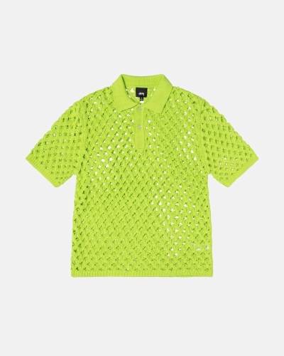 Light Green Men's Stussy Big Mesh Polo Knit Sweater | AU0000526