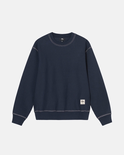 Navy Men's Stussy Contrast Stitch Label Crew Hoodies | AU0000029