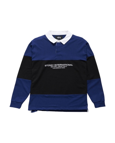 Navy Men's Stussy Panel LS Rugby Sweatshirts | AU0000949