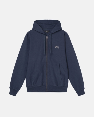 Navy Men's Stussy Stock Logo Zip Hoodies | AU0000082