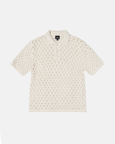 White Men's Stussy Big Mesh Polo Sweaters | AU0000817