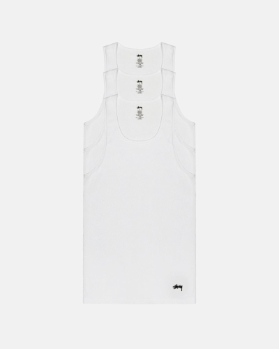 White Men's Stussy Ribbed Tank - 3 Pack T Shirts | AU0000259