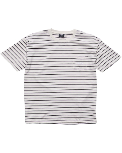 White Men's Stussy Text Pocket Stripe T Shirts | AU0000277